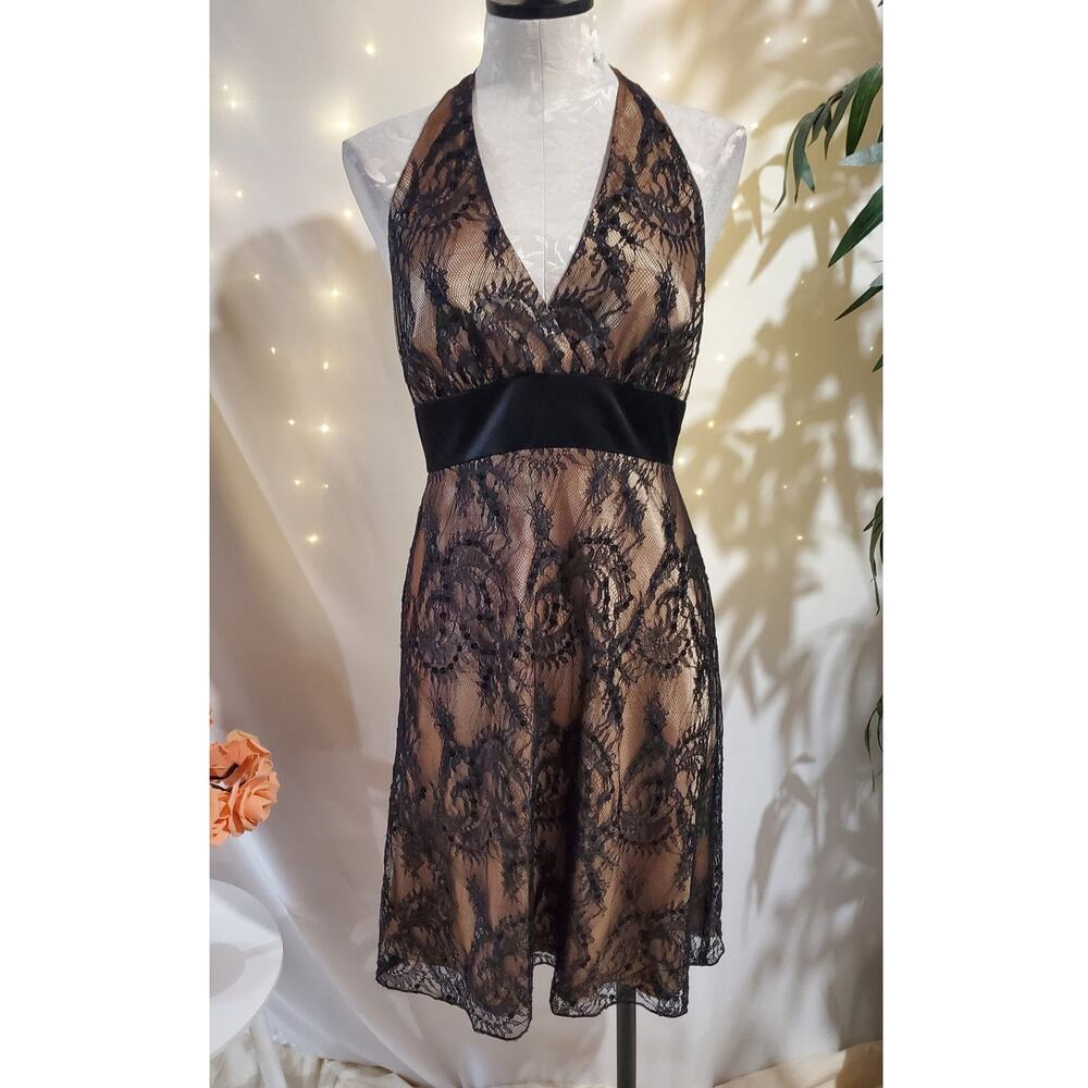 Vtg Jones New York 90s Y2K Lace Overlay Sequin Halter Dress Size 6 Black Gothic